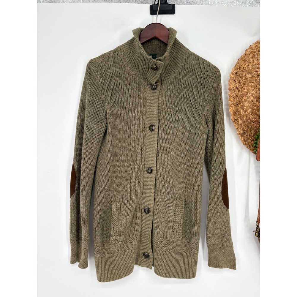VTG LRL Sweater Cardigan Elbow Patches Green Knit Fox Hunt Buttons Equestrian PS - Picture 3 of 16